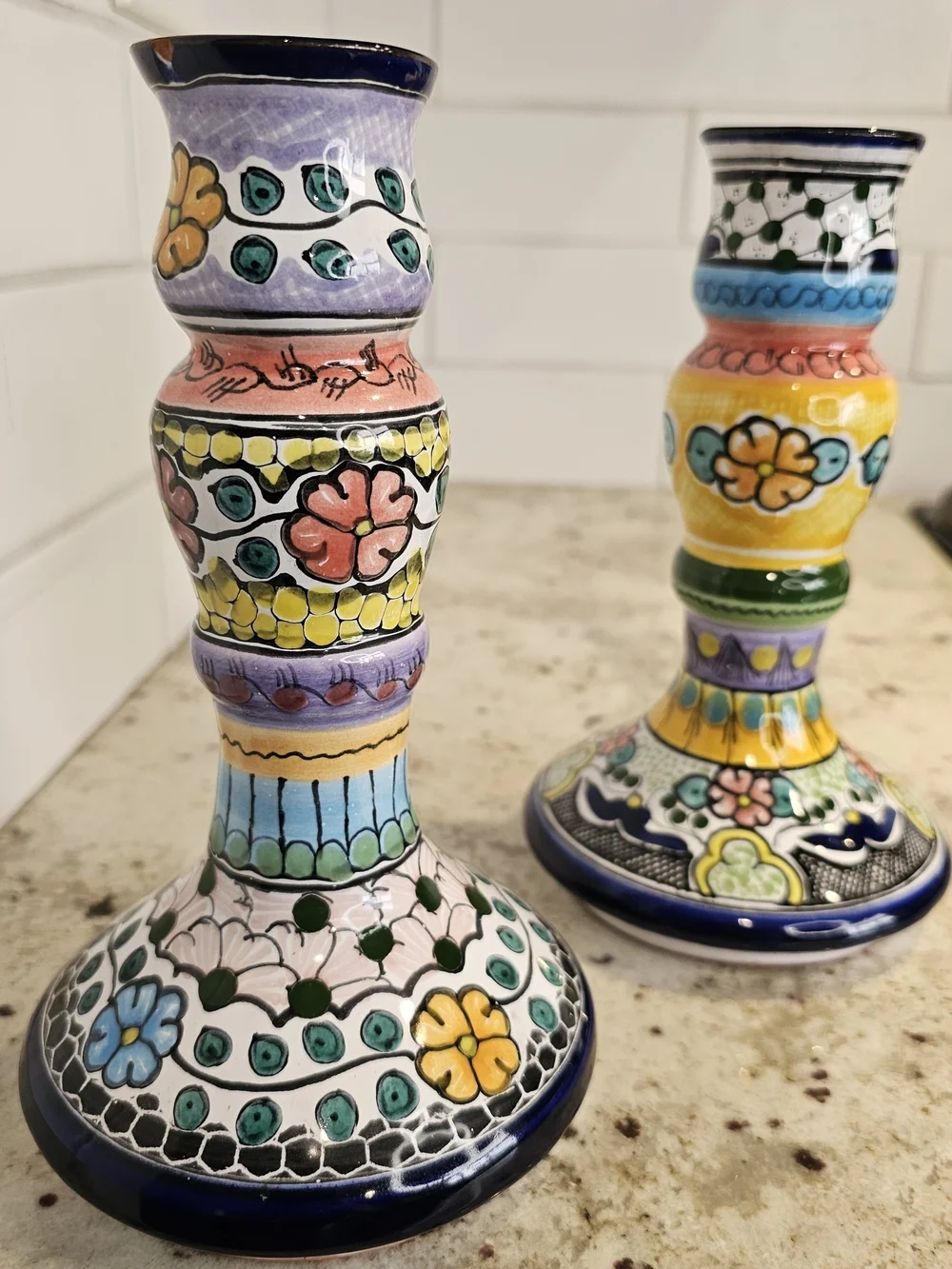 Hand-Painted Multicolor Earthenware Candle Holders Floral Talavera Pue Mex. Art